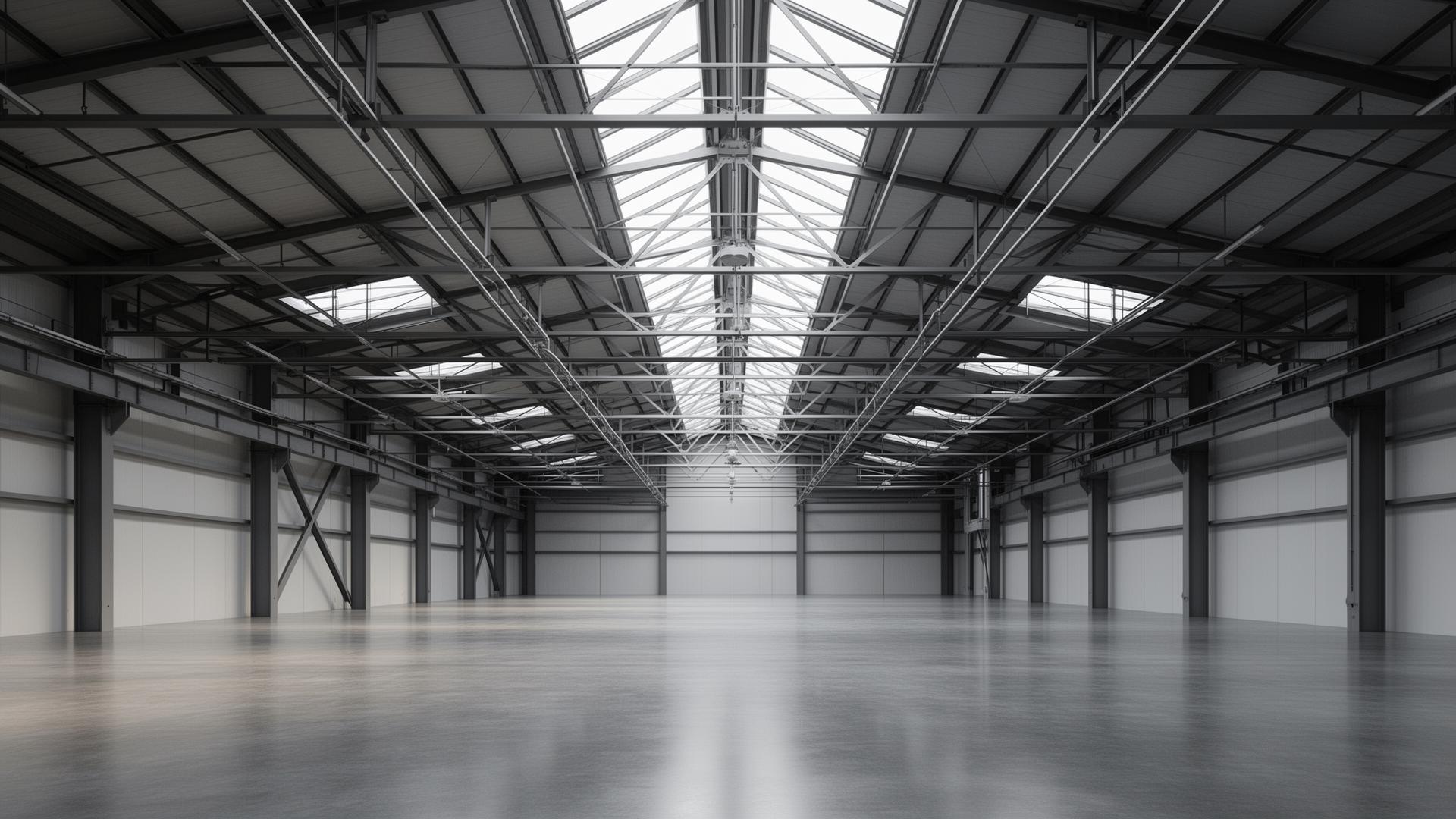 Structural steel frame inside a modern warehouse